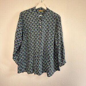 Rock Flower Paper Popover Shirt Small Blue Green Pattern Rayon Half Button Tunic